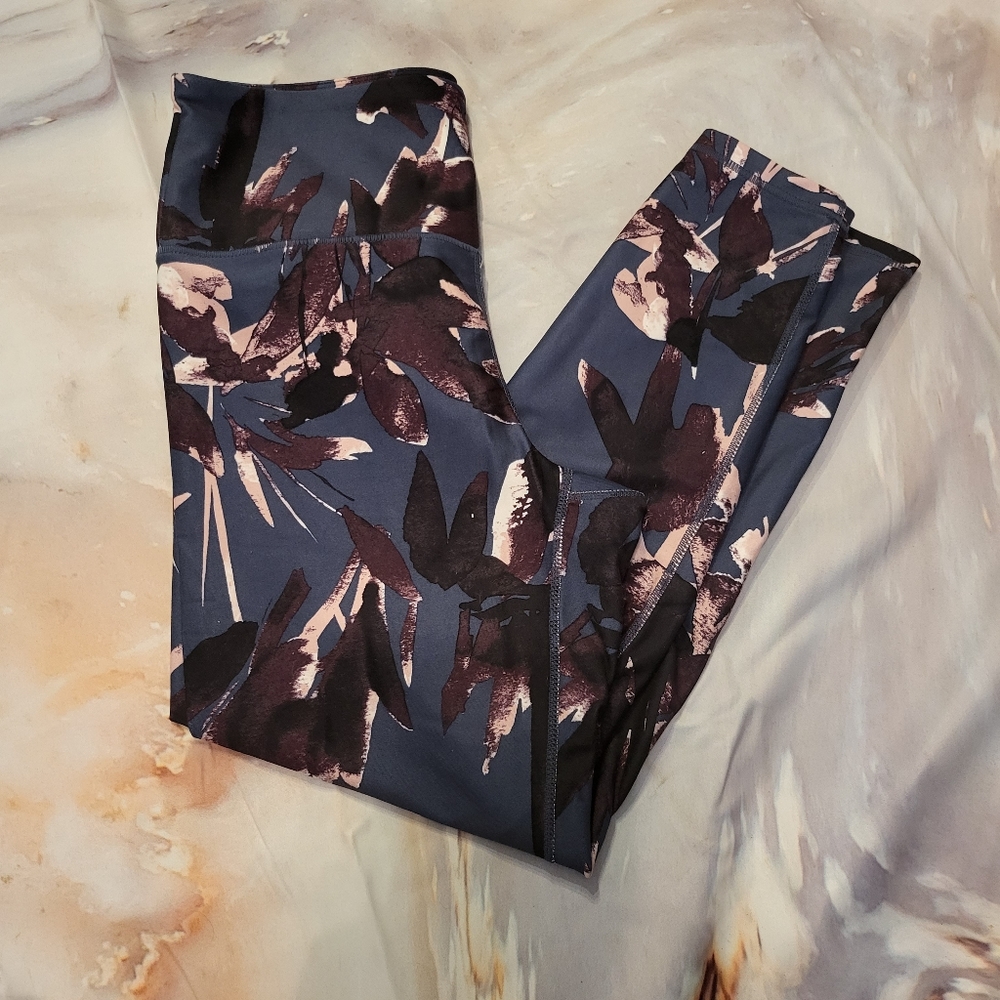 Balance Collection Navy Floral Full Length Leggings, Size Large